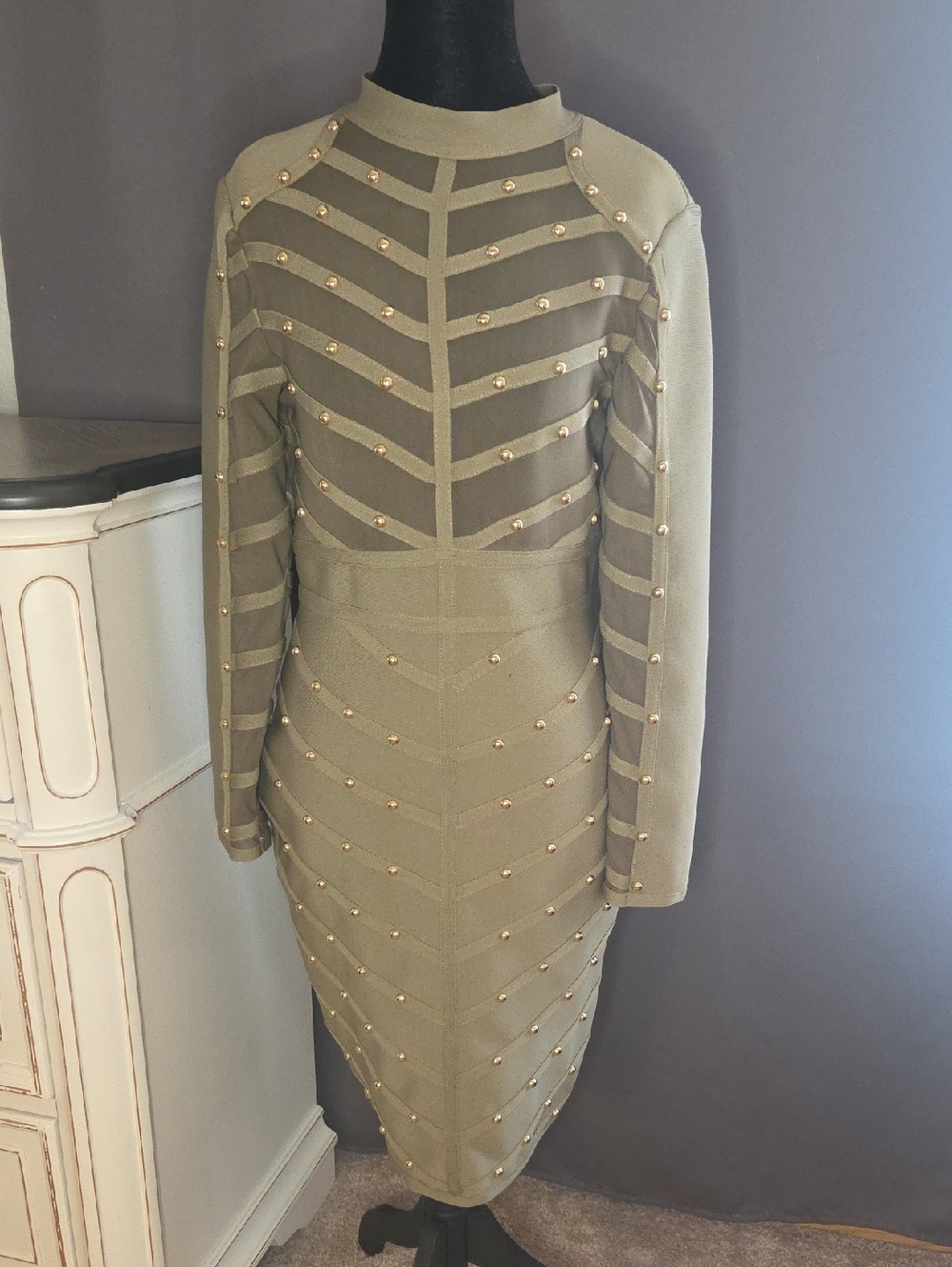 edge Olive Long-Sleeve Studded Sheer-Panel Midi Dress